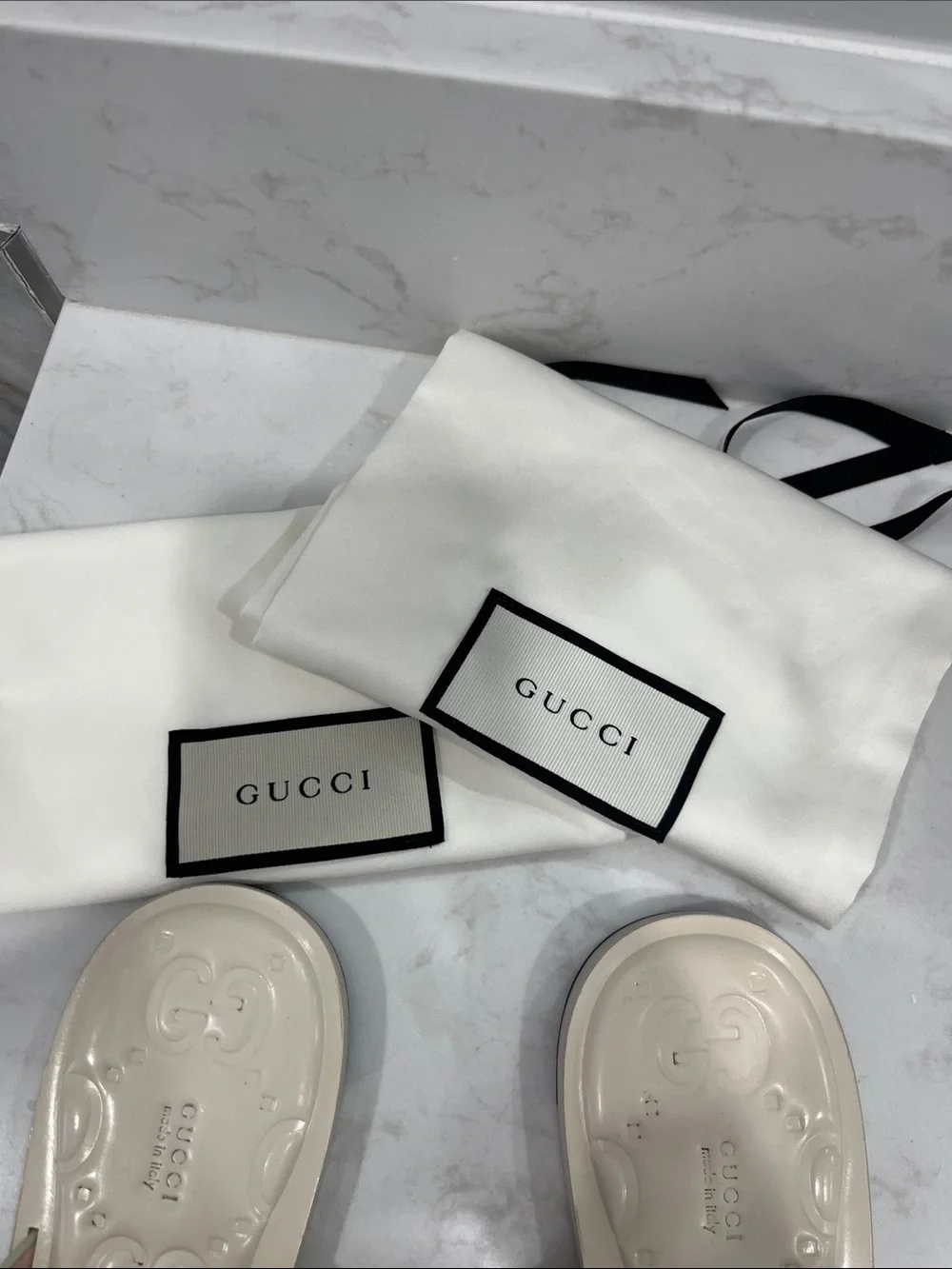 Gucci Cream Leather GG Gold Logo Thong Sandals